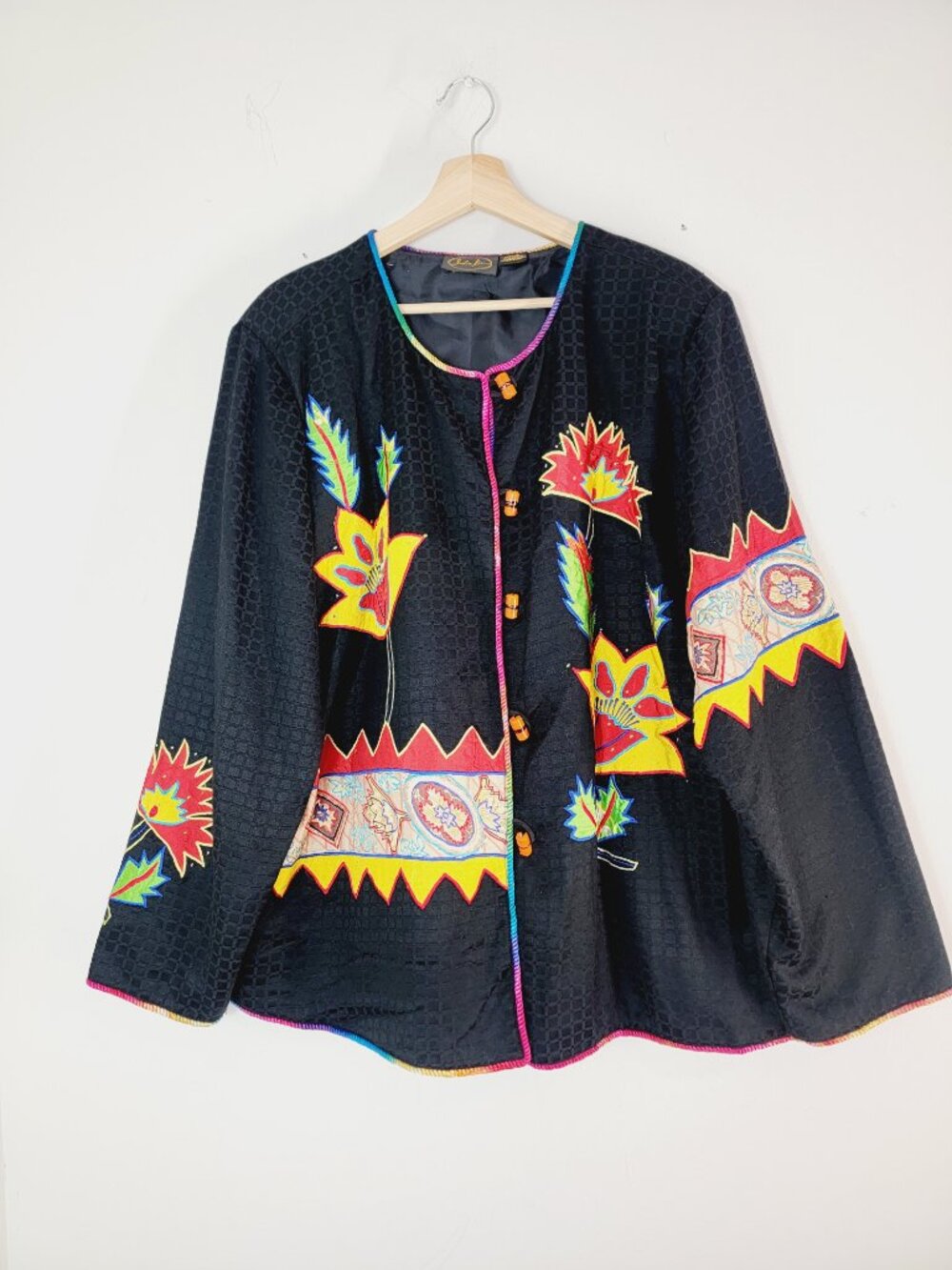Julia Kim Black Floral Embroidery Jacket 2X Colorful Trim Boho Festival Eclectic